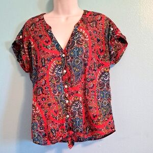 Lucky Brand Paisley Blouse Medium Boho Red Blue Top Floral